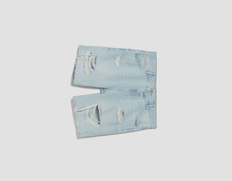 Bershka Ripped Denim Bermuda Korte Broek Heren Lichtblauw | ElYszwAcUzA