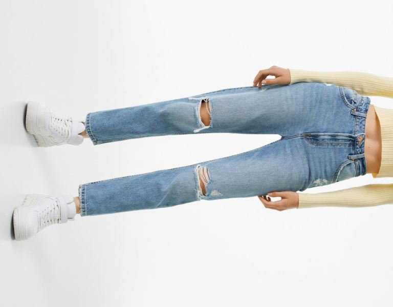 Bershka Ripped Mom Jeans Dames Blauw | jWNx0czdiyQ