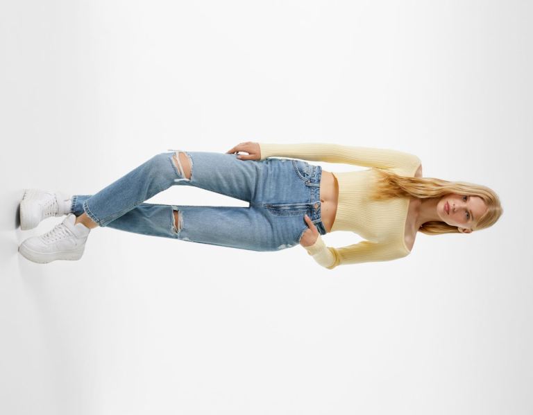 Bershka Ripped Mom Jeans Dames Blauw | jWNx0czdiyQ