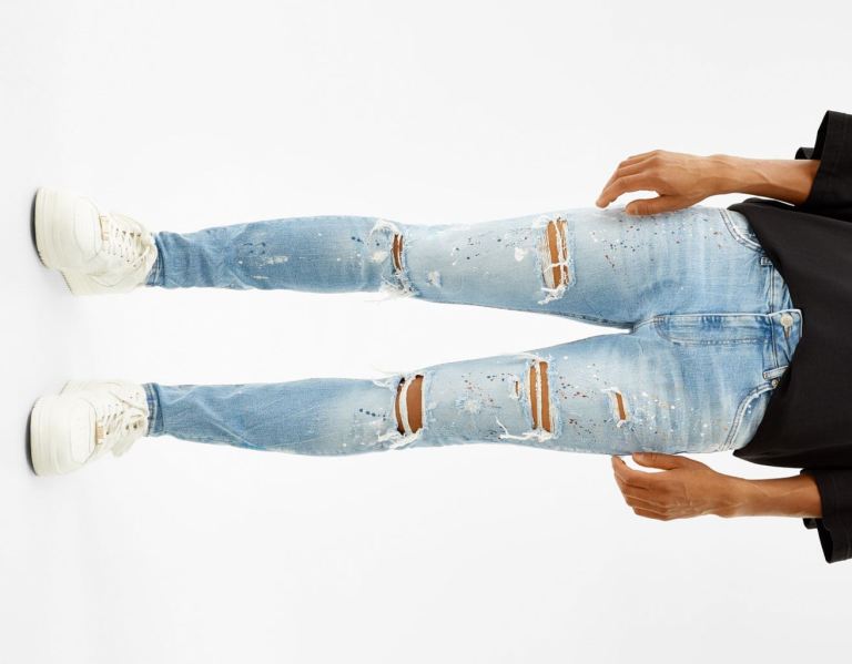 Bershka Ripped Paint Splatter Mager Jeans Heren Lichtblauw | bhUSiCmr2Pj