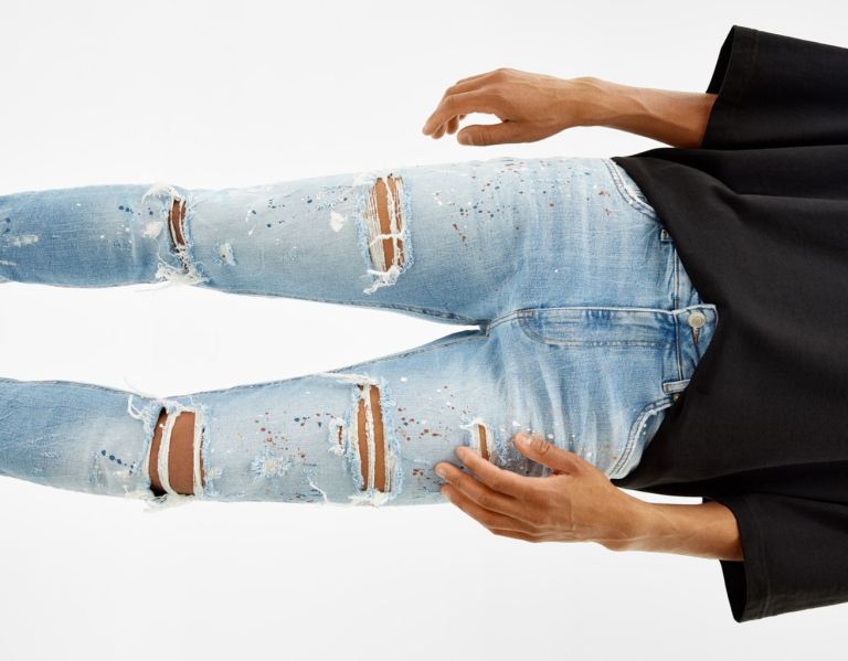 Bershka Ripped Paint Splatter Mager Jeans Heren Lichtblauw | bhUSiCmr2Pj