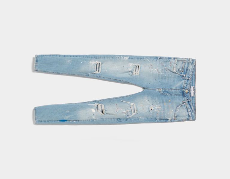 Bershka Ripped Paint Splatter Mager Jeans Heren Lichtblauw | bhUSiCmr2Pj