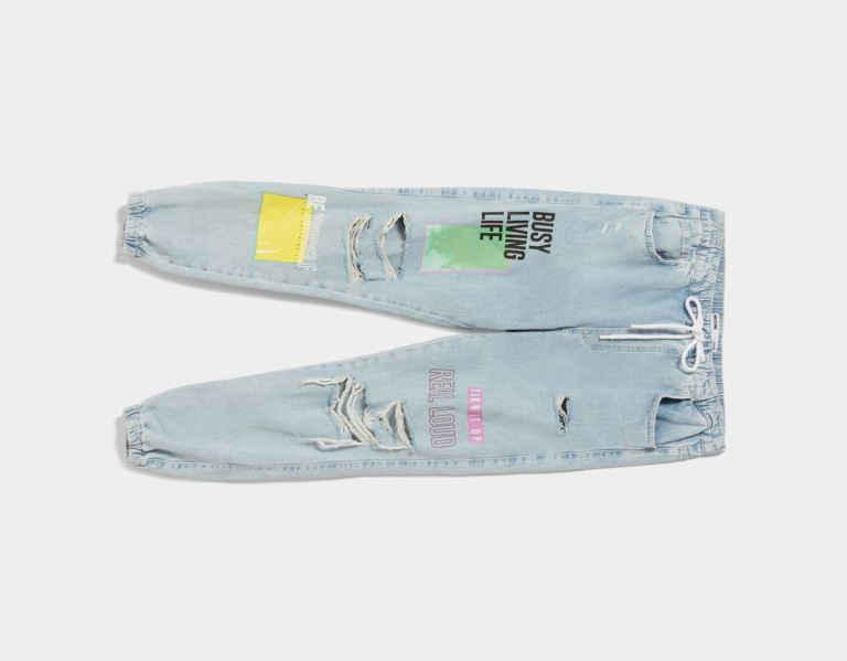 Bershka Ripped Printed Jogger Jeans Heren Lichtblauw | 8heJTEqSxou