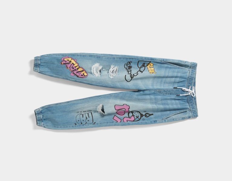 Bershka Ripped Printed Jogger Jeans Heren Lichtblauw | AcpEYsNQTMR