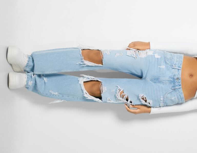 Bershka Ripped Rechtdoor Vintage Jeans Dames Lichtblauw | CXGqElA6DGf