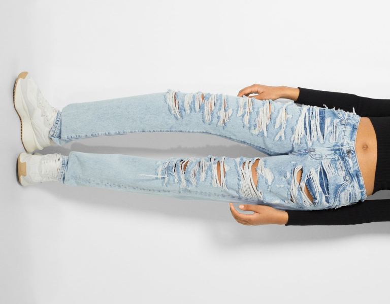 Bershka Ripped Rechtdoor Vintage Jeans Dames Lichtblauw | KEwWa7Z0vGE