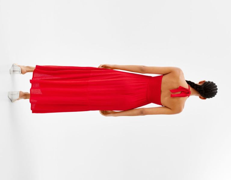 Bershka Ruffled Crepe Long Jurken Dames Rood | E7LMe5wdQAU