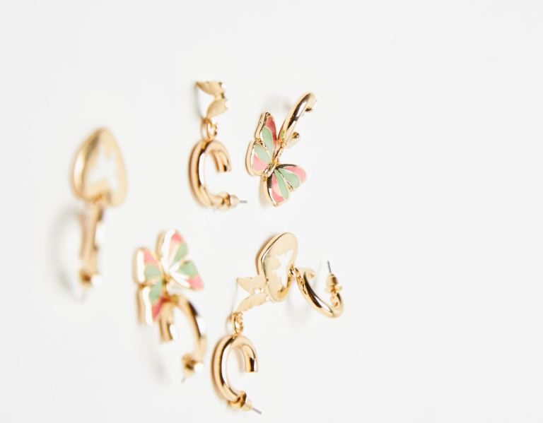 Bershka Set Of 3 Pairs Of Hoop Earrings With Enameled Butterfly Charms Sieraden Dames Goud | F4Oq7uHsZOE