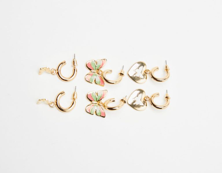 Bershka Set Of 3 Pairs Of Hoop Earrings With Enameled Butterfly Charms Sieraden Dames Goud | F4Oq7uHsZOE