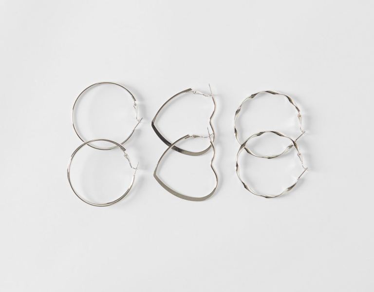 Bershka Set Of 3 Pairs Of Hoop Earrings: Thin Hoops, Textured And Double Heart Sieraden Dames Zilver | ZF39L8sc20J