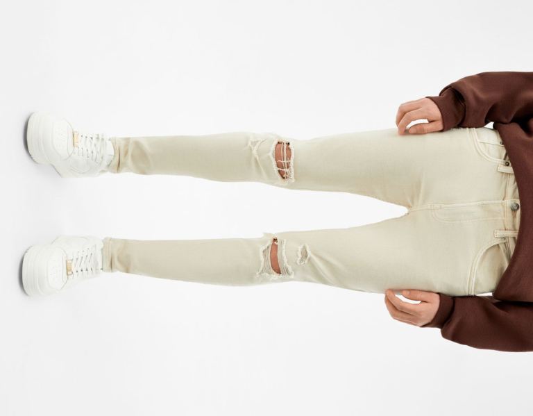 Bershka Super Mager Ripped Jeans Heren Beige | 9tybWgOezfi