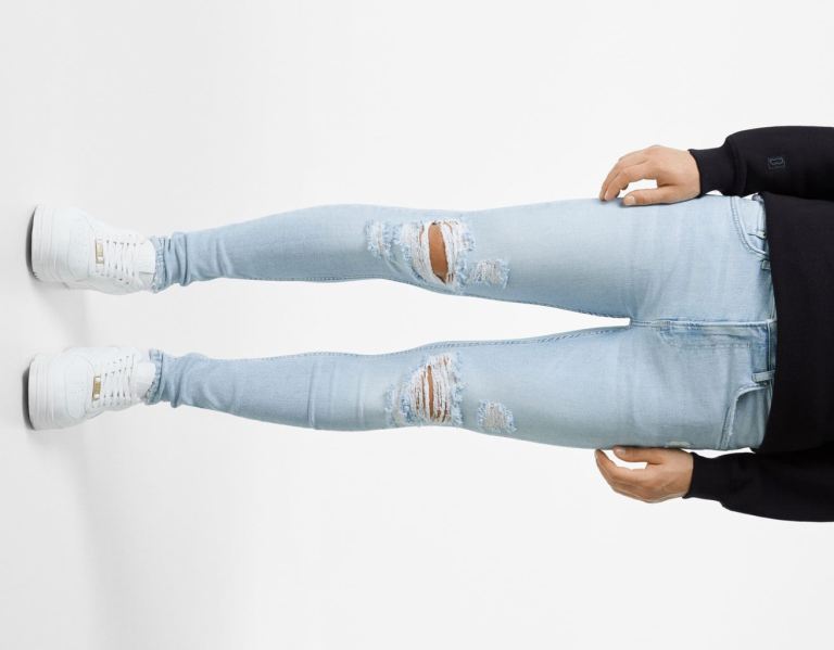 Bershka Super Mager Ripped Jeans Heren Lichtblauw | Vmfl1Wrhi4m