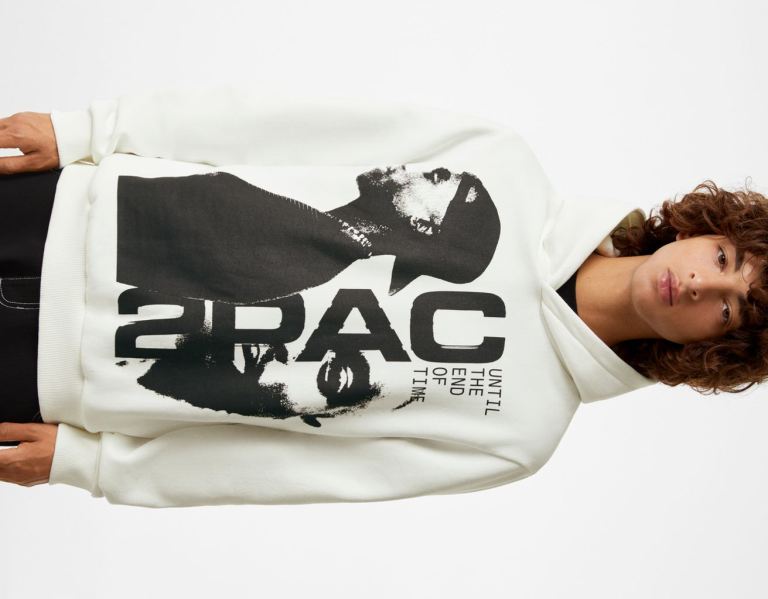 Bershka Tupac Hoodie Heren Wit | u0UaGucbAKc