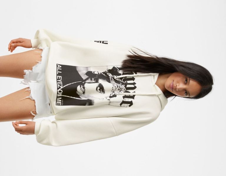 Bershka Tupac Print Hoodie Dames Wit | V7gUMXggH5I