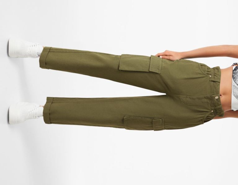 Bershka Twill Cargo With Gathered Taille Broek Dames Khaki | 9vtxqTkUbyp