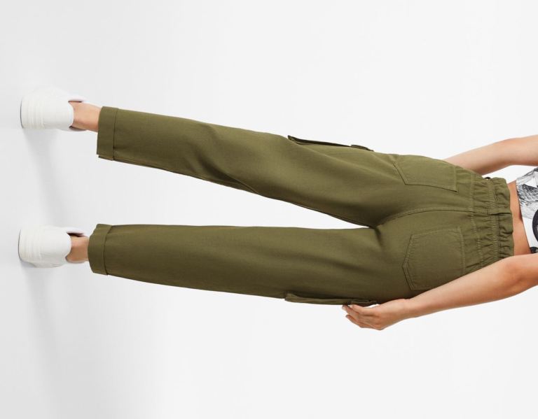 Bershka Twill Cargo With Gathered Taille Broek Dames Khaki | 9vtxqTkUbyp