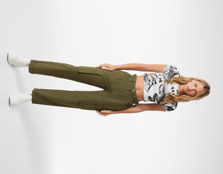 Bershka Twill Cargo With Gathered Taille Broek Dames Khaki | 9vtxqTkUbyp