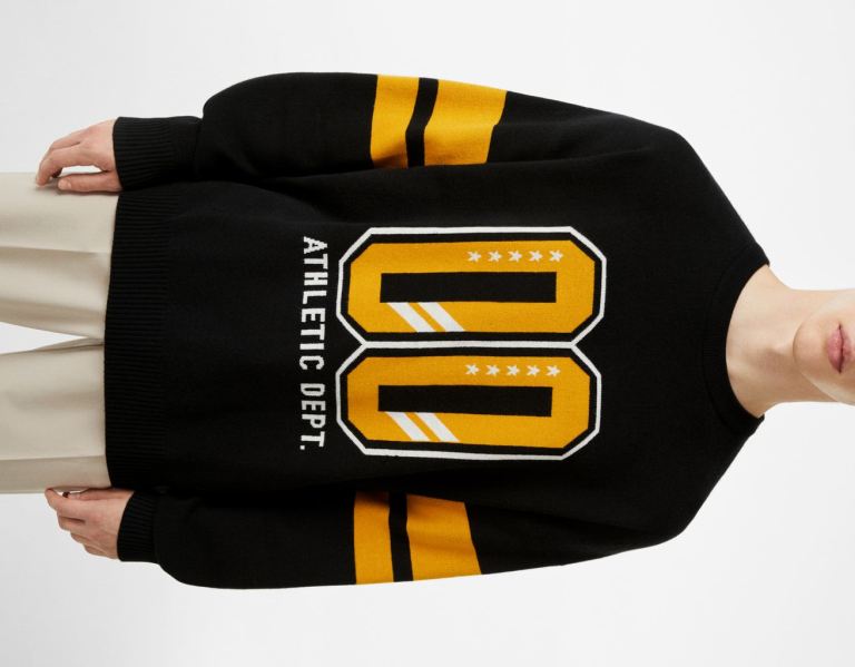 Bershka Varsity Trui Truien Heren Zwart | kMDTEwVwIWw